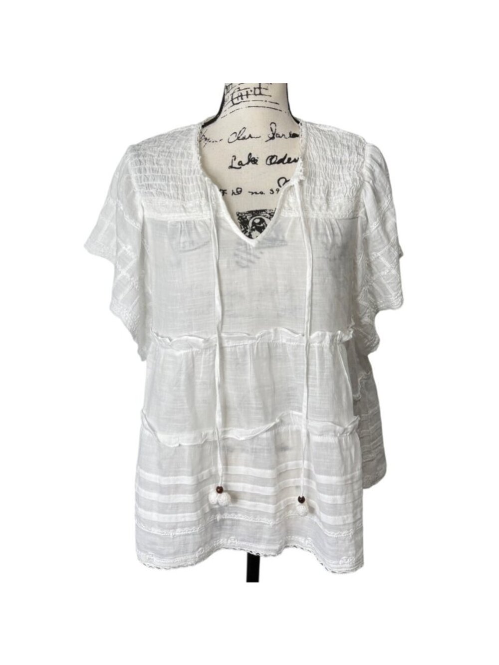 Sundance Women Size M Antonia Tiered White Top Cotton Oversized Smocked & Tassel - Picture 2 of 8